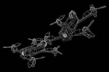 FPV Drone Racing freestyle sport flight. Hobby toys. Wireframe low poly mesh vector illustration. - obrazy, fototapety, plakaty
