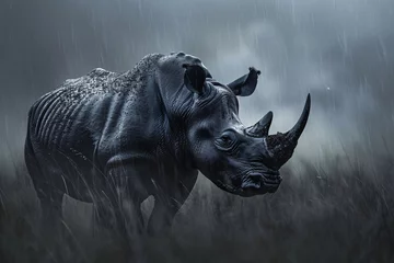 Zelfklevend Fotobehang a rhinoceros in the rain © Galina