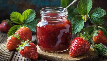 Strawberry jam in a glass jar on a wooden background.