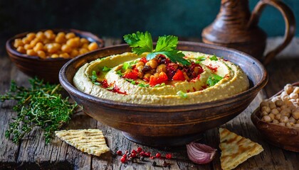 Hummus with chickpeas, olive oil and parsley