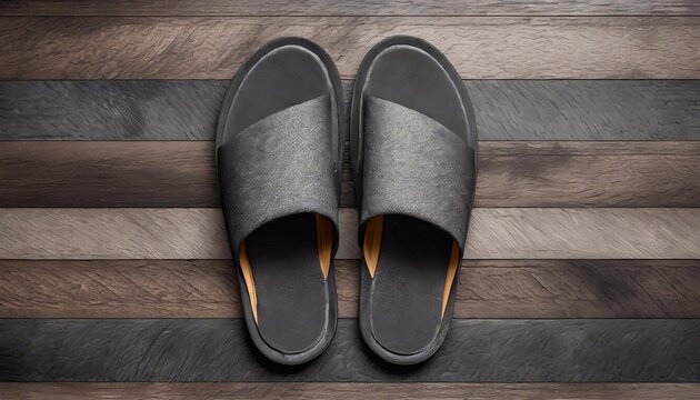 top view of Men's slippers on a wooden background