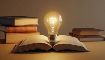 Light bulb on open book. Education and knowledge concept