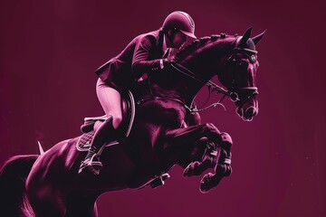 A monochrome magenta image capturing the grace and power of a show jumper and horse in mid-leap, against a solid background.