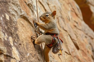 A creatively edited image of a squirrel engaging in rock climbing, equipped with a harness and carabiners, against a natural rock face backdrop.
