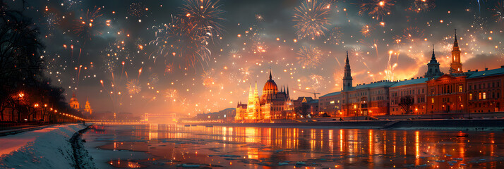 Fototapeta premium Festive Fireworks Display on New Year's Eve , The sky with a view of the cathedral at night 