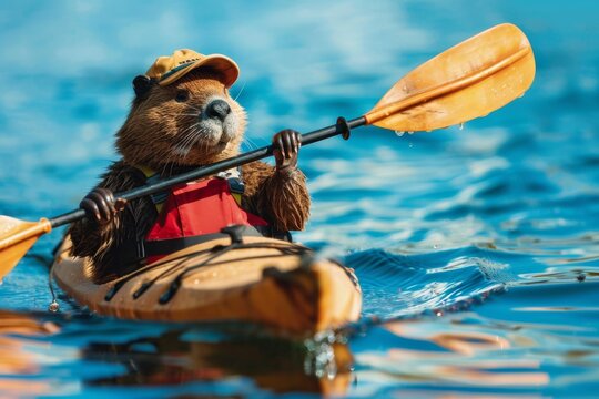An endearing image of a beaver enjoying a kayaking trip, complete with a life vest and hat, amidst the gentle waves of a clear blue water body.