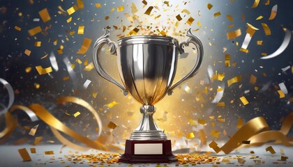 Golden trophy cup with confetti and ribbons