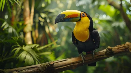 Selbstklebende Fototapeten chestnut mandibled toucan sitting on a wooden branch in a tropical forest © SAHURI