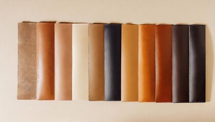 Colorful leather samples arranged on beige background. Top view.