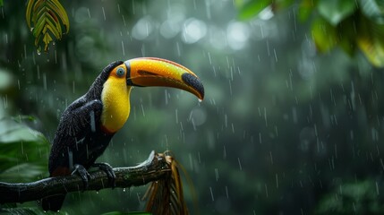 chestnut mandibled toucan sitting on a wooden branch in a tropical forest - obrazy, fototapety, plakaty