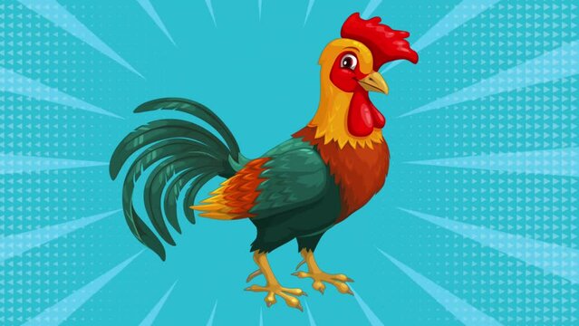 dancing Rooster 2D character animation with sunburst higlight