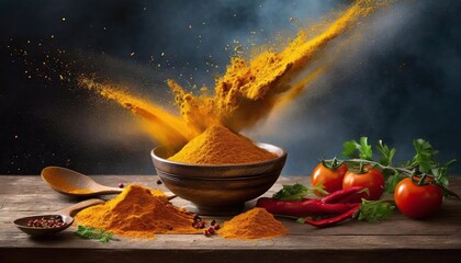Turmeric powder in a bowl on a wooden table with spices