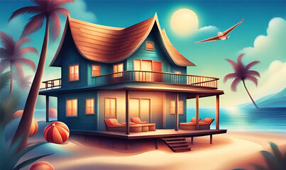 artistic beach house around palm trees and sea