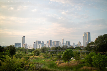 Fototapeta premium Sunset in the afternoon at Benchakitti Park. Golden hour view in the park with pathway and nature all around