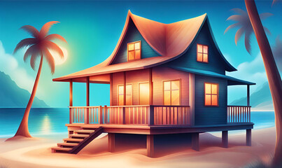 artistic beach house around palm trees and sea