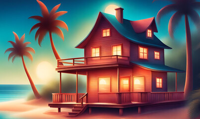 artistic beach house around palm trees and sea
