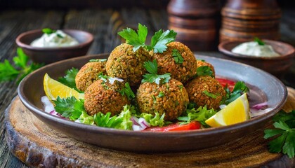 Falafel balls with vegetables and greens on a wooden background.