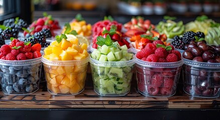 Fototapeta na wymiar Fresh organic ripe fruit slices and various berries in plastic containers in supermarket.Macro.AI Generative.