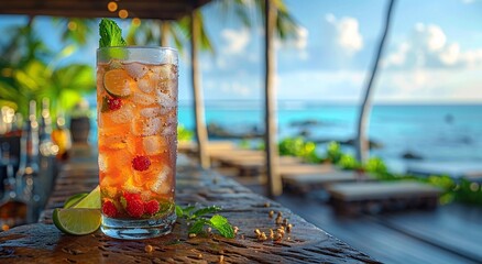 Cocktail glass with ice cubes and exotic tropical fruits on table in summer holiday resort with ocean view.Macro.AI Generative.