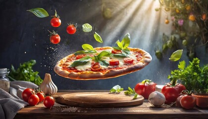 Flying pizza with mozzarella, tomatoes and basil on wooden background