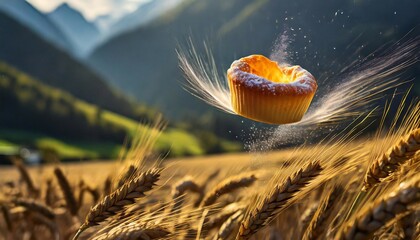 Muffin flying in the air in the middle of wheat field
