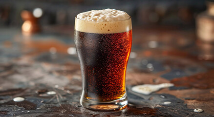 Pub counter with glass of craft dark red ale beer in old brewery.Macro.AI Generative.