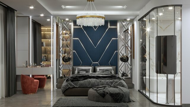 Luxury master bedroom 3D rendering