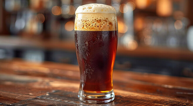 Pub counter with glass of craft dark red ale beer in old brewery.Macro.AI Generative.