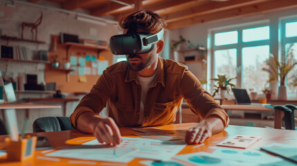 Man Engaged in Design Project with VR Headset in Office