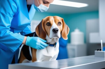 Veterinarians doctors in blue uniforms conduct a routine examination of a dog on a table in a modern office of a veterinary clinic. Treatment and vaccination of pets