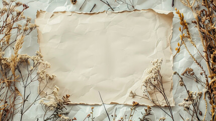 top view of dry flowers and leaves and white card with copy space