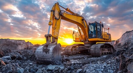 Obraz premium Excavator digging soil on new construction site with blue sky view.Macro.AI Generative.