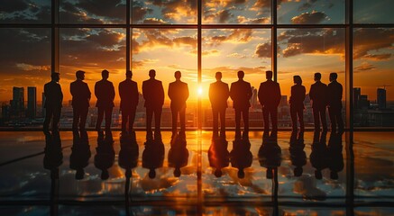 People silhouettes in meeting room office in large business building after long working day enjoying sunset.Macro.AI Generative.