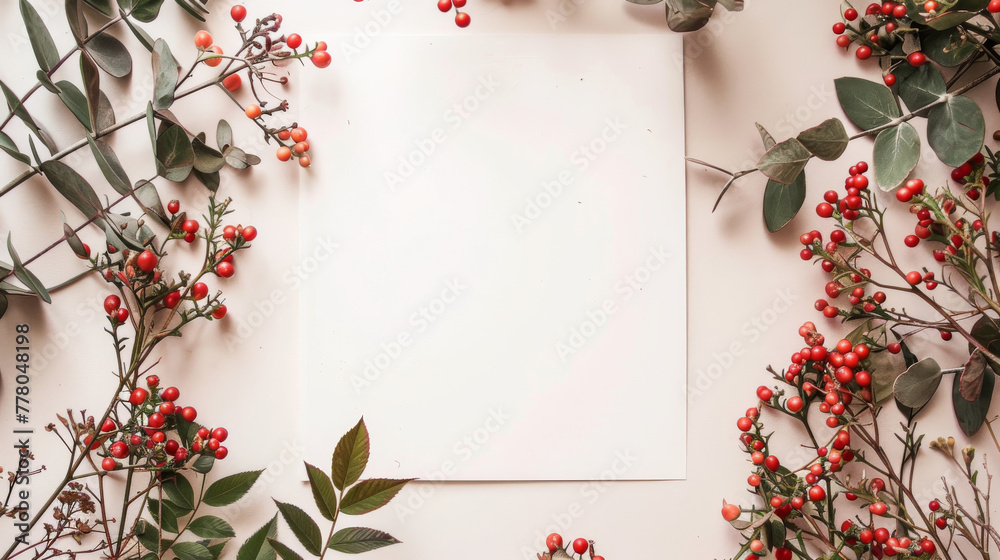 Wall mural top view of red berries leaves and white card with copy space