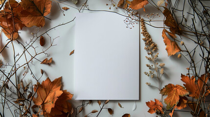 top view of dry flowers and orange leaves and white card with copy space