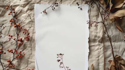 top view of dry flowers and leaves and white card with copy space