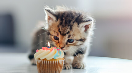Kitten eats a festive cupcake, eating birthday cake with candle, Holiday and birthday concept.