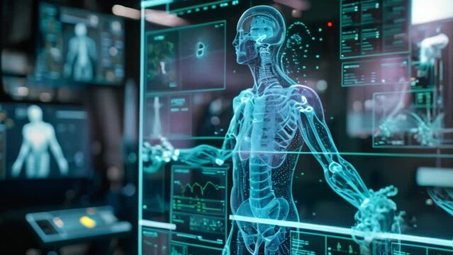 Computers with advanced medical studies of human anatomy in 3D on a screen with a blue holographic figure moving and graphic data. Futuristic medical technology in scientific laboratory for analytics