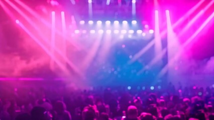 Electrifying concert or very big party event atmosphere with radiant blue, pink and purple neon lights and enthusiastic crowd. Exciting festival