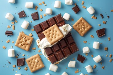 a chocolate bar with marshmallows and graham crackers - obrazy, fototapety, plakaty