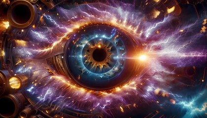 Generative AI.  a close up of an eye. The eye has a lot of detail,  is surrounded by a lot of gears...