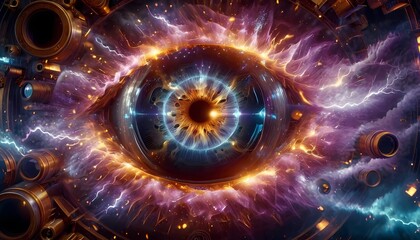 Generative AI.  a close up of an eye. The eye has a lot of detail,  is surrounded by a lot of gears and. The gears and cogs are made of a gold color metal. 