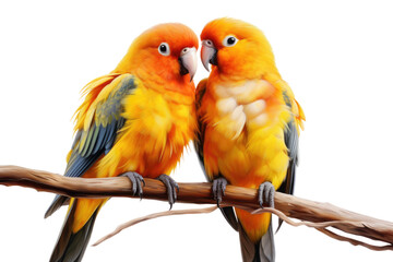 Harmony in Plumage: Two Colorful Birds Perched on a Branch. White or PNG Transparent Background.