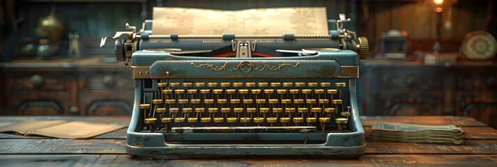 Vintage Typewriter with Blank Paper,
Typewriter The Rustic Writing Instrument for Nostalgic Creativity - obrazy, fototapety, plakaty