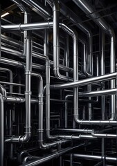 Connected chrome pipes dominate the frame in an abstract industrial composition, set against the backdrop of an otherworldly factory, with pipes varying in size and intertwining, their surfaces reflec