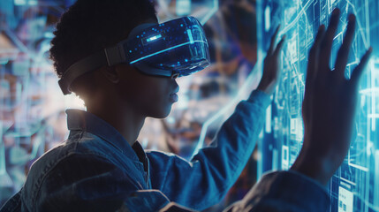 Digital Insight, Man Engaged in Data Exploration Using VR Glasses, Portraying Work in the Future