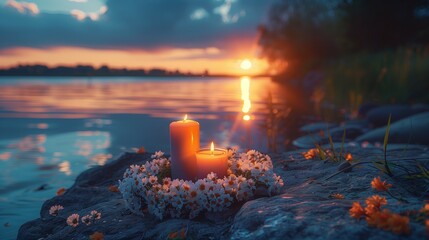 A landscape featuring a sunset over a lake, with a daisy flower wreath and candles placed on the...
