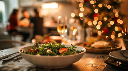 Casual Setting: Close-Up of Food Brought by Guests with People Conversing in the Background - obrazy, fototapety, plakaty