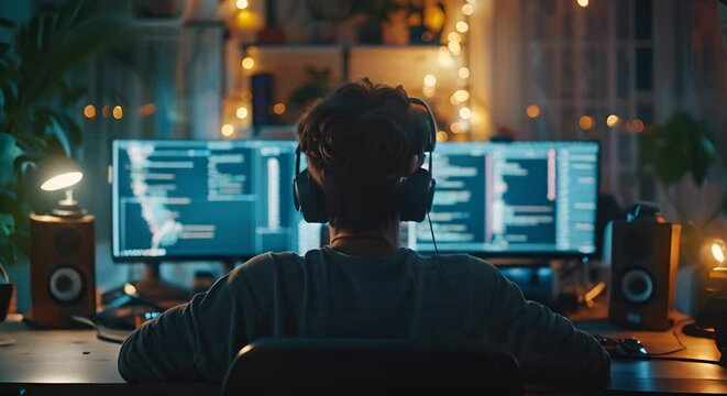Software developer coding late at night, dual monitors glowing, innovation pulse