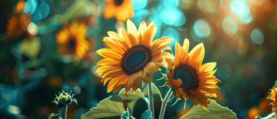 A few sunflowers with vibrant overall hues and few flowers on blured background